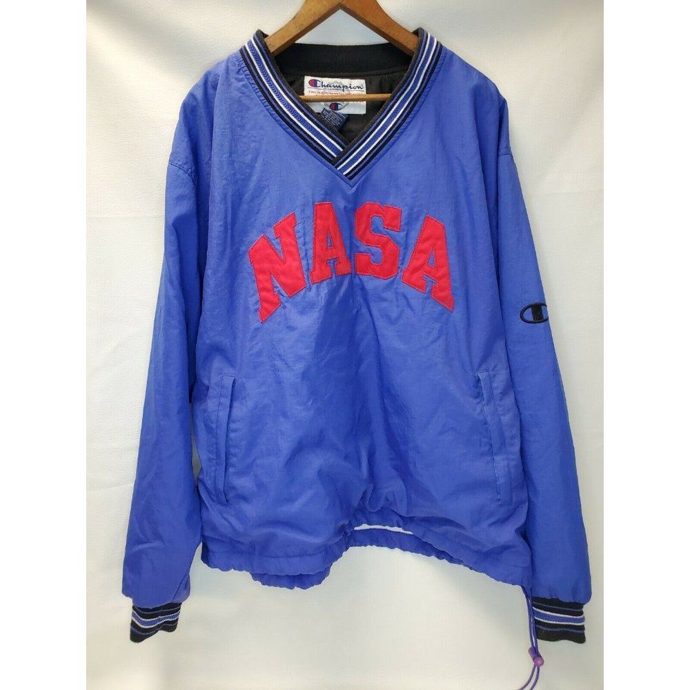 Vintage 90's Champion Blue Pullover Windbreaker Large NASA Logo Size Large